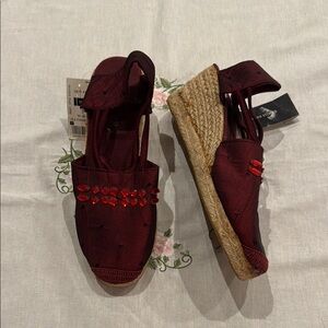 Elegant Silk Burgundy Espadrille Wedge Sandals with Jeweled Detail